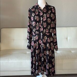 Nanette Lepore Black Long Sleeve Dress with Pink Floral Design - Collar V-Neck